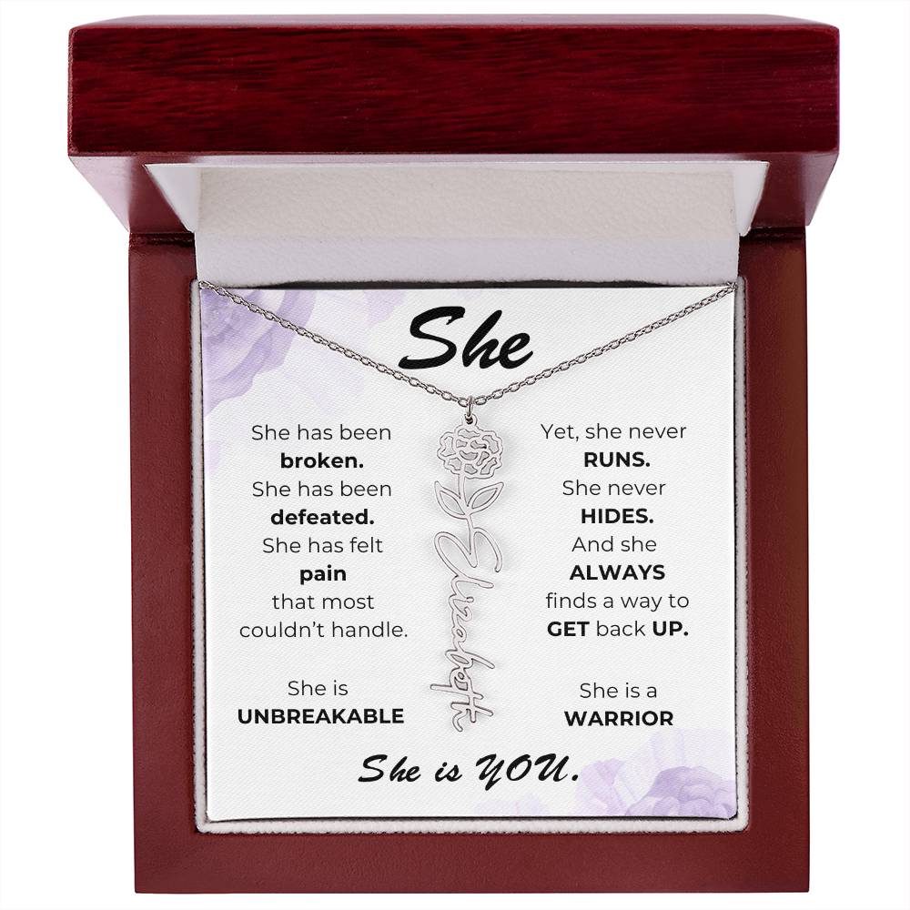 "She"-Personalized Name Necklace with Birth Flower