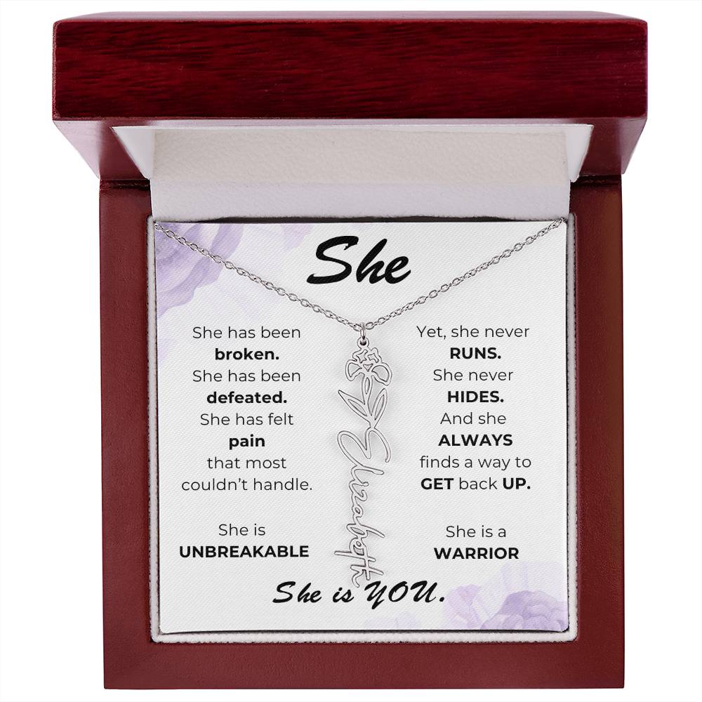 "She"-Personalized Name Necklace with Birth Flower