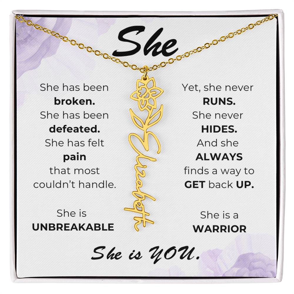 "She"-Personalized Name Necklace with Birth Flower