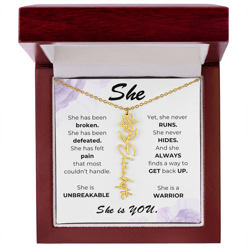 "She"-Personalized Name Necklace with Birth Flower