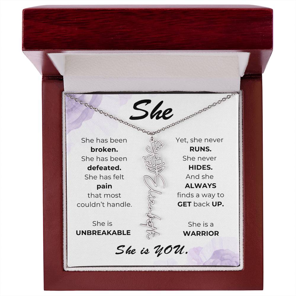 "She"-Personalized Name Necklace with Birth Flower