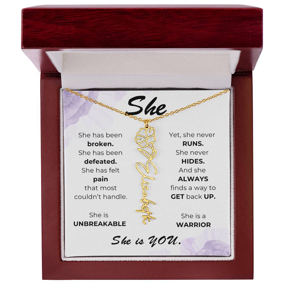 "She"-Personalized Name Necklace with Birth Flower