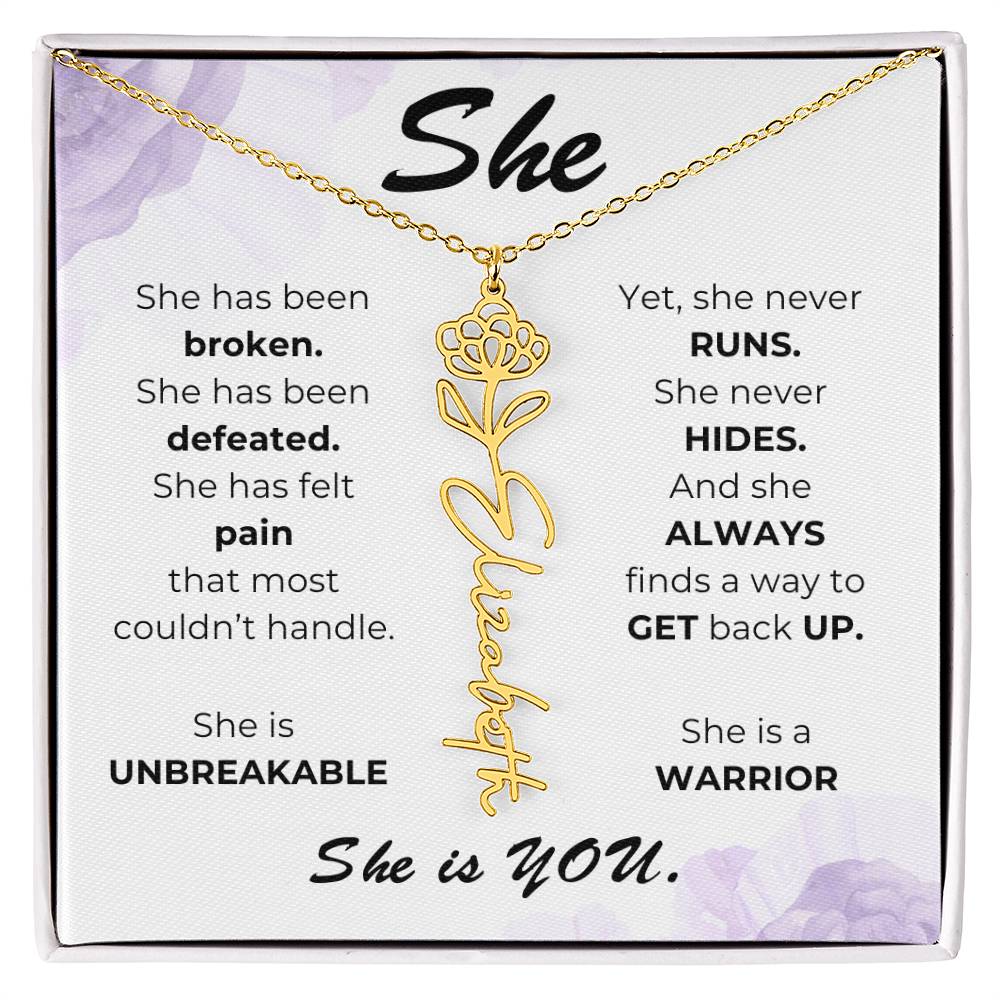 "She"-Personalized Name Necklace with Birth Flower