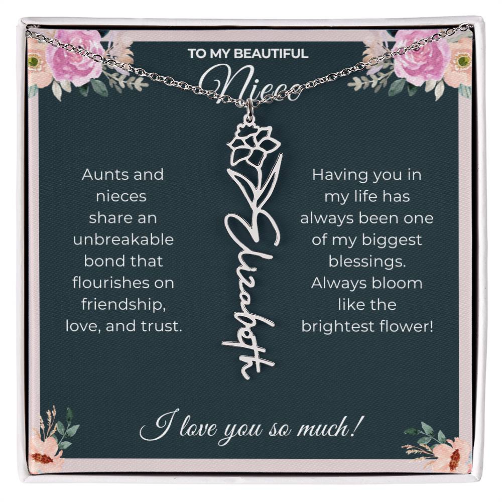 To My Beautiful Niece-"Brightest Flower" Birth Month Name Necklace