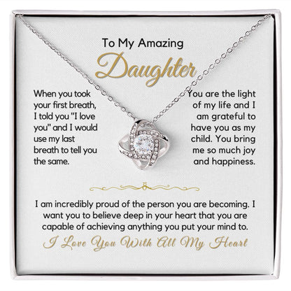To My Daughter-"You Bring Me Joy" Love Knot Necklace
