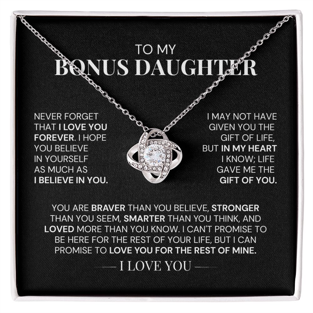 To My Bonus Daughter-"In My Heart" Love Knot Necklace