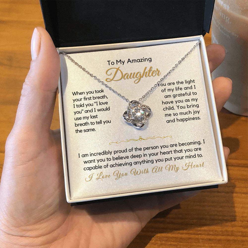 To My Daughter-"You Bring Me Joy" Love Knot Necklace