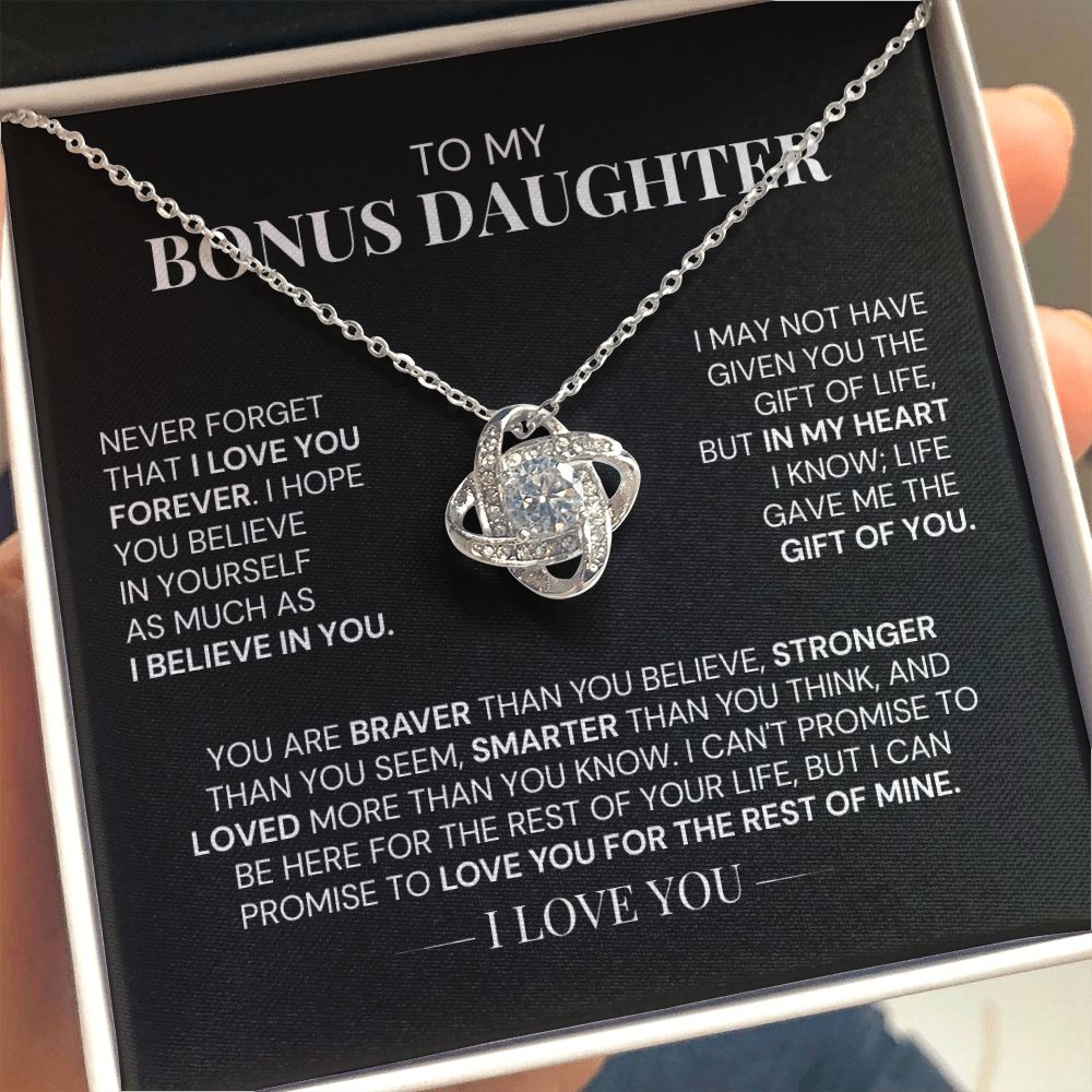 To My Bonus Daughter-"In My Heart" Love Knot Necklace