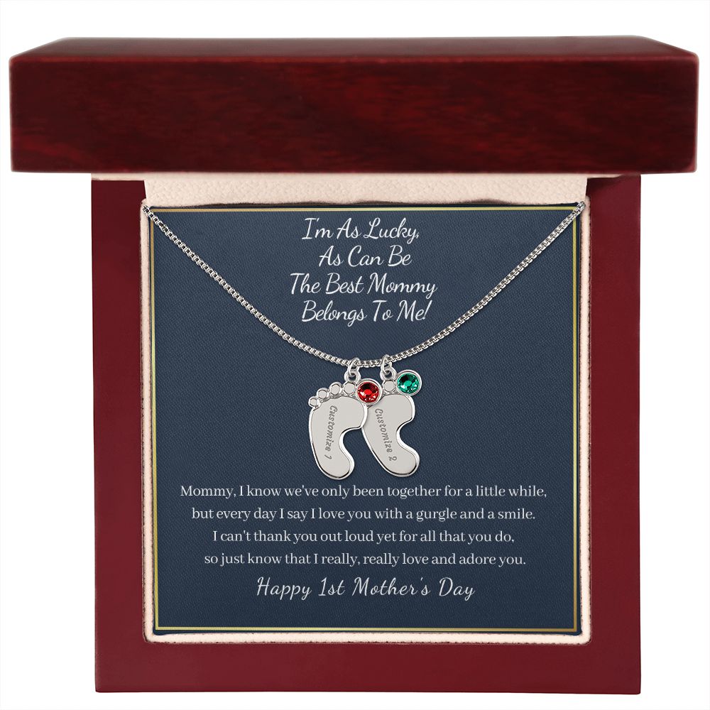 "I'm So Lucky"-Happy 1st Mother's Day-Baby Feet Necklace