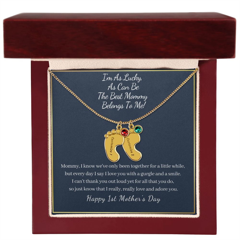 "I'm So Lucky"-Happy 1st Mother's Day-Baby Feet Necklace