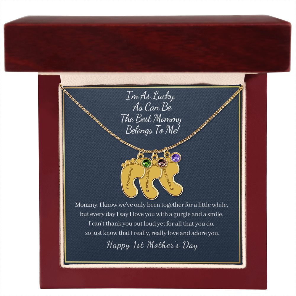 "I'm So Lucky"-Happy 1st Mother's Day-Baby Feet Necklace