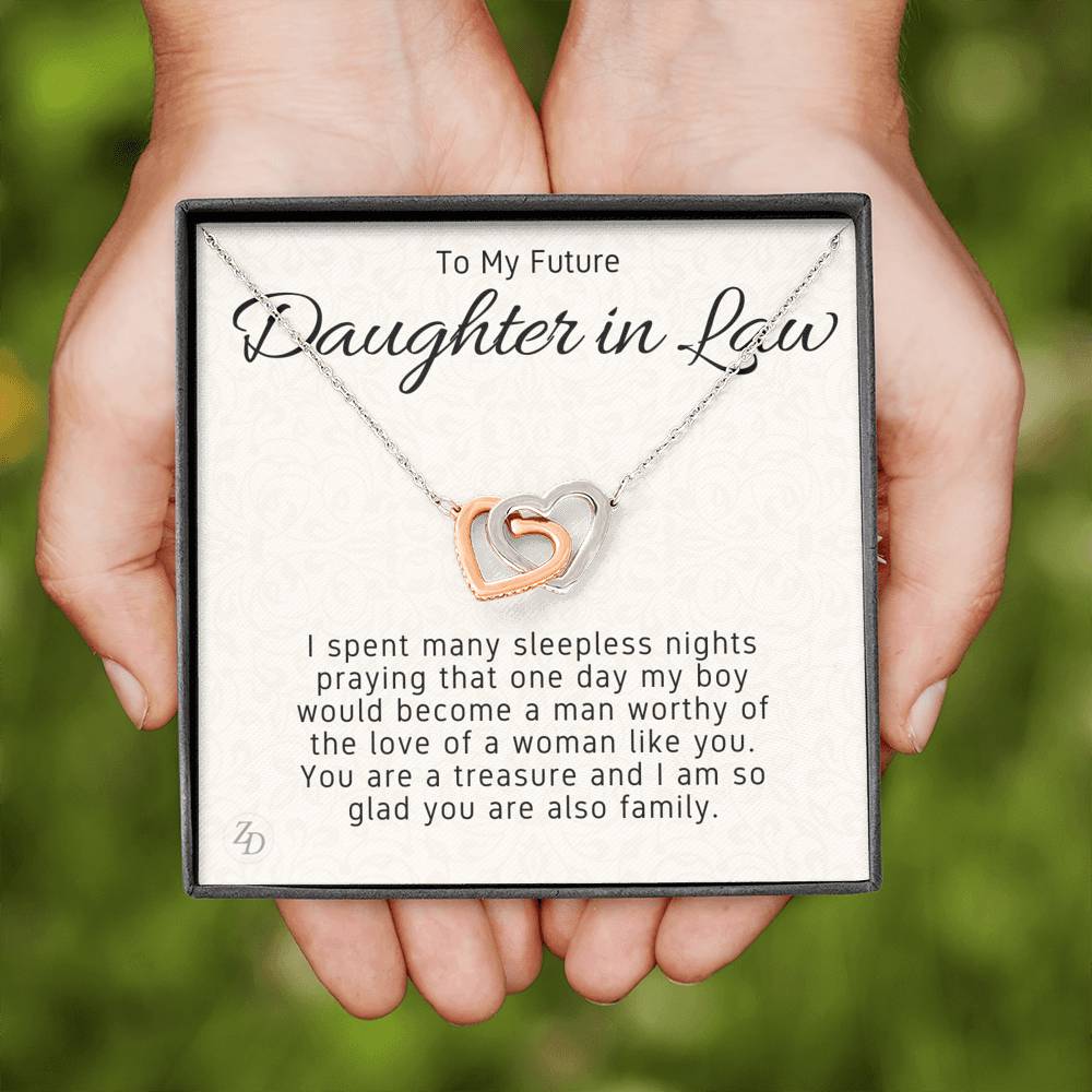 To My Daughter in Law-"You are a Treasure" Hearts Necklace