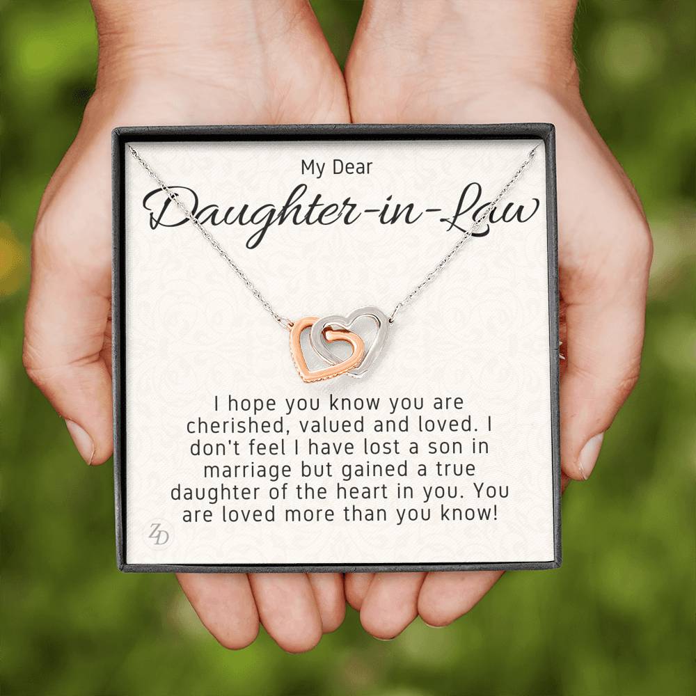 To My Daughter in Law-"Gained a Daughter" Hearts Necklace