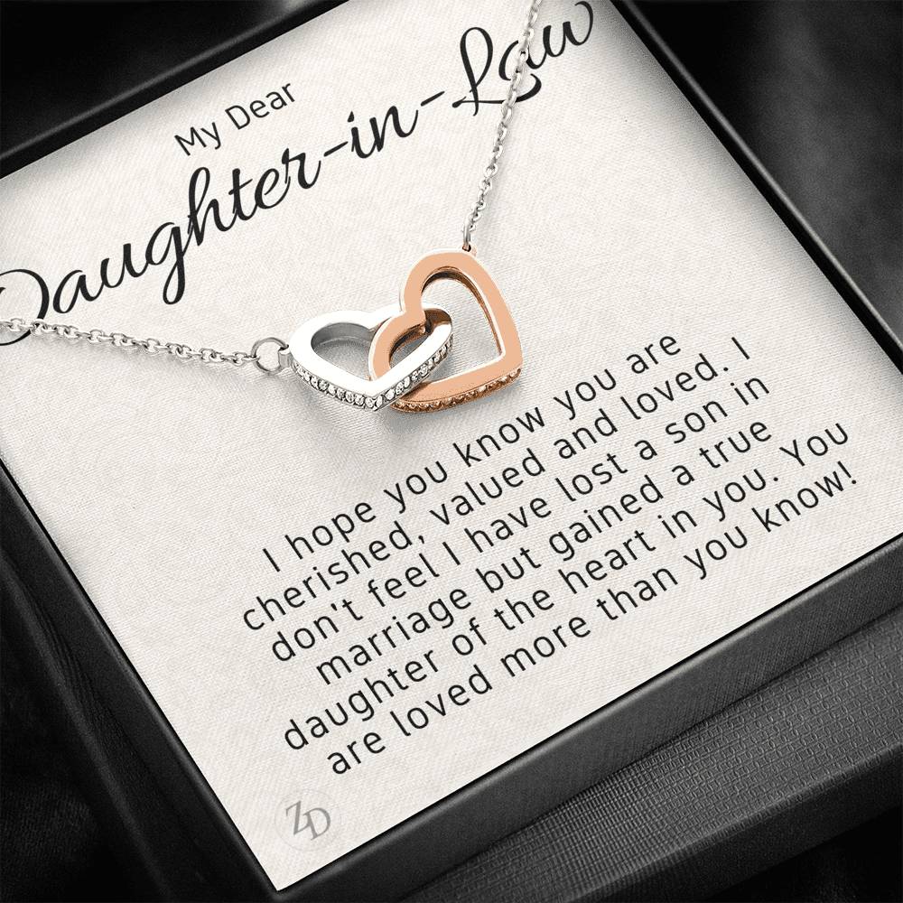 To My Daughter in Law-"Gained a Daughter" Hearts Necklace