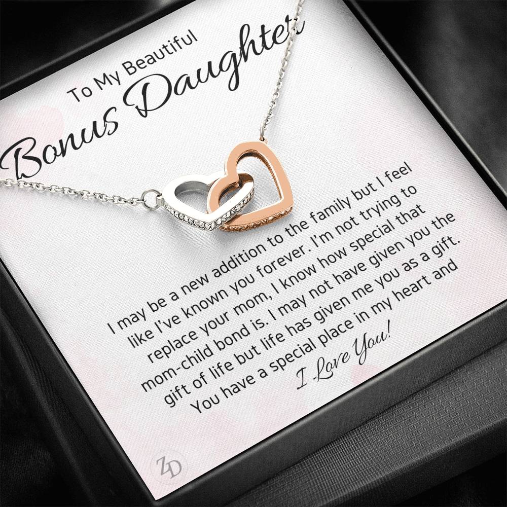 To My Bonus Daughter-"In My Heart" Hearts Necklace