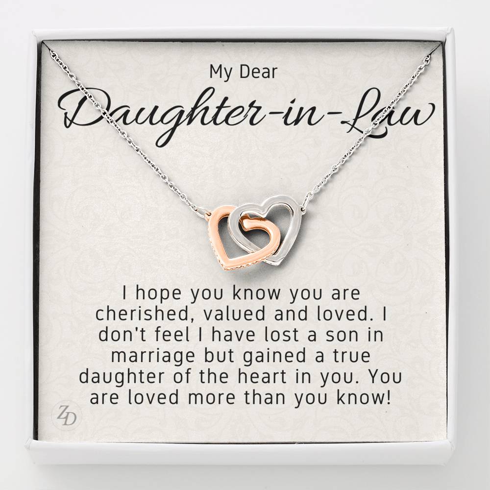 To My Daughter in Law-"Gained a Daughter" Hearts Necklace