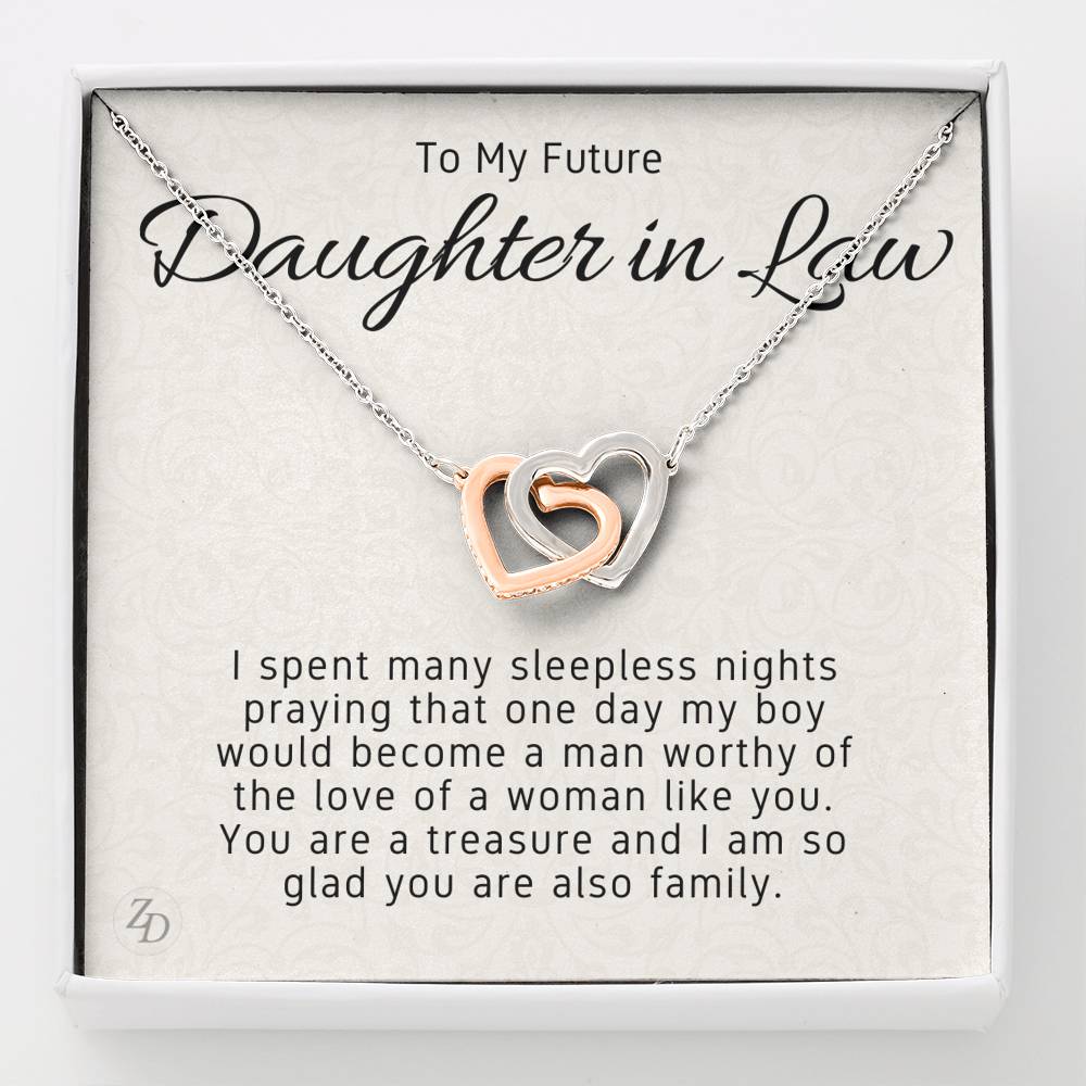 To My Daughter in Law-"You are a Treasure" Hearts Necklace