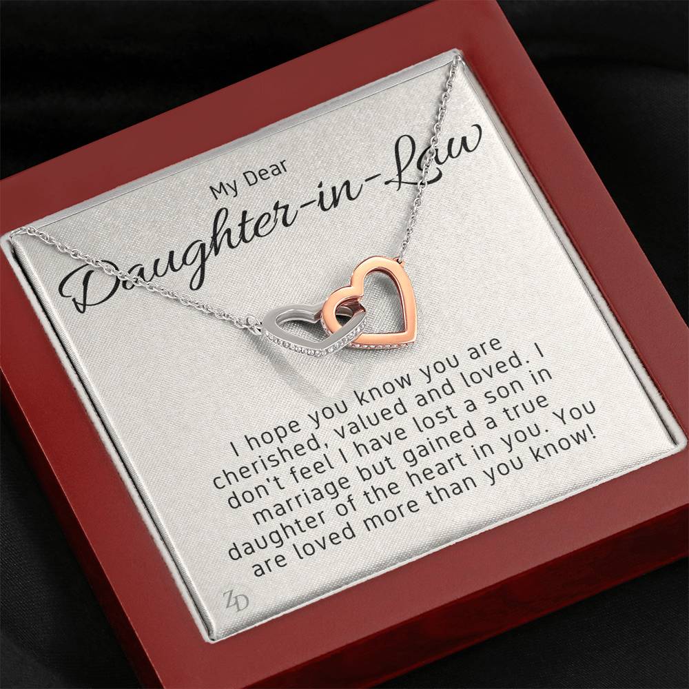 To My Daughter in Law-"Gained a Daughter" Hearts Necklace