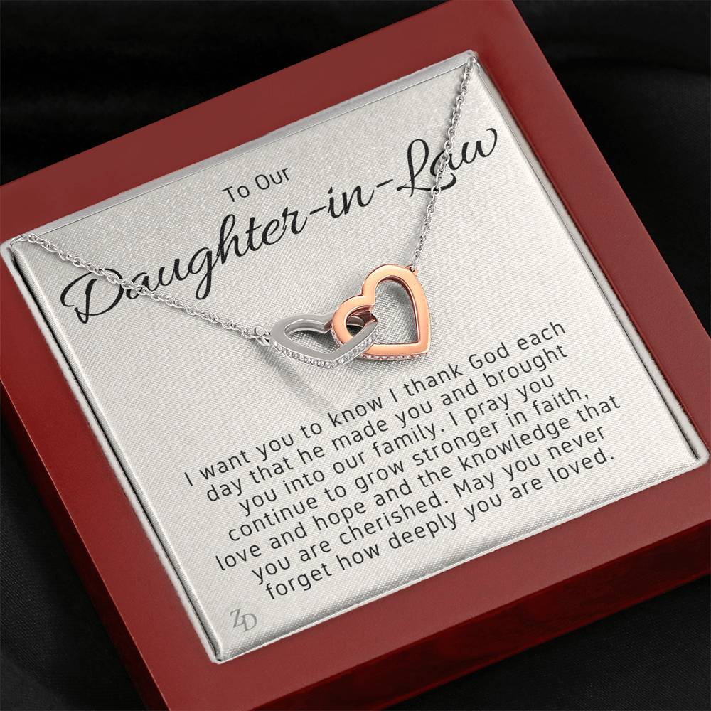 To My Daughter in Law-"You're Family" Hearts Necklace