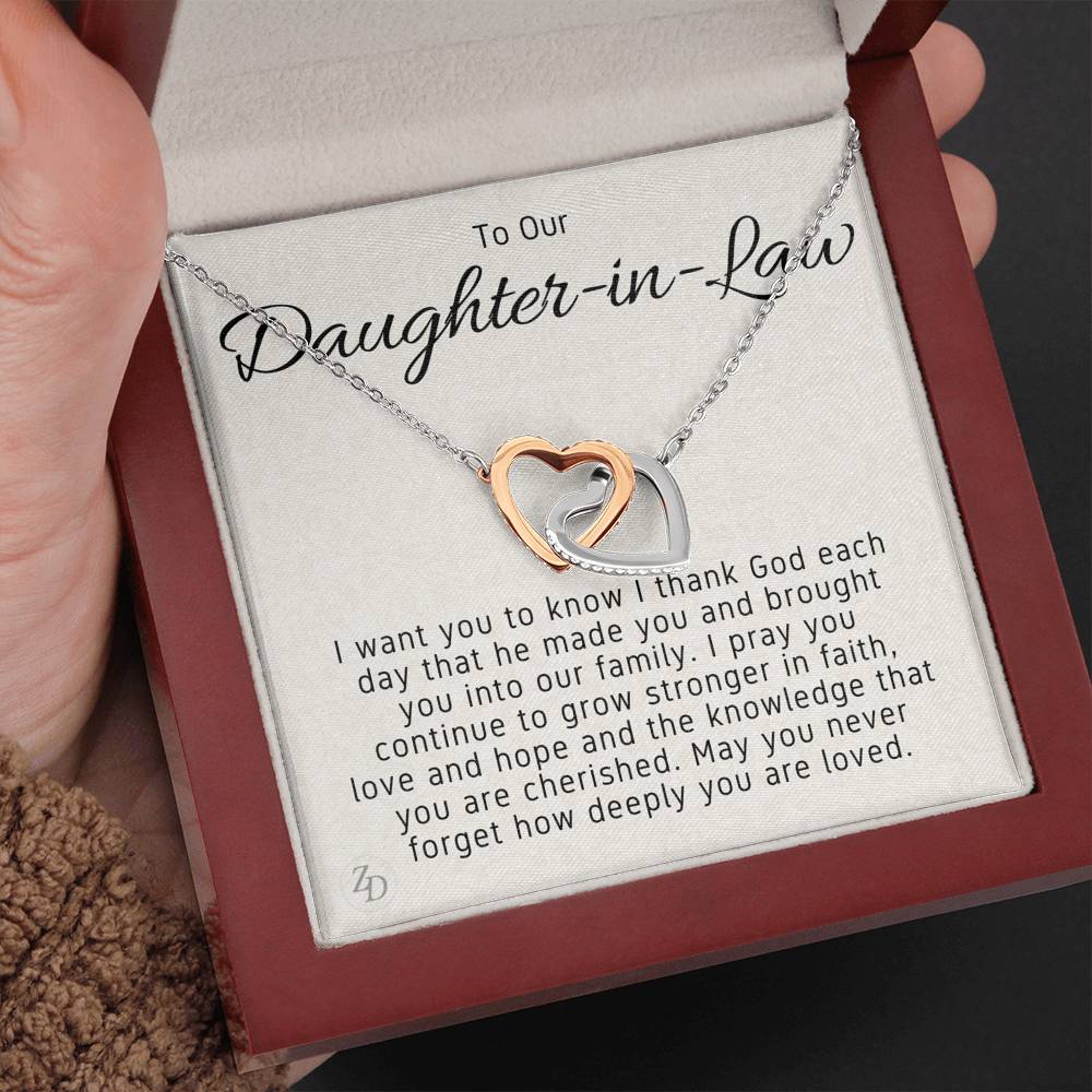 To My Daughter in Law-"You're Family" Hearts Necklace