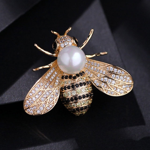 Delicate Little Bee Brooch - gold bee white pearl